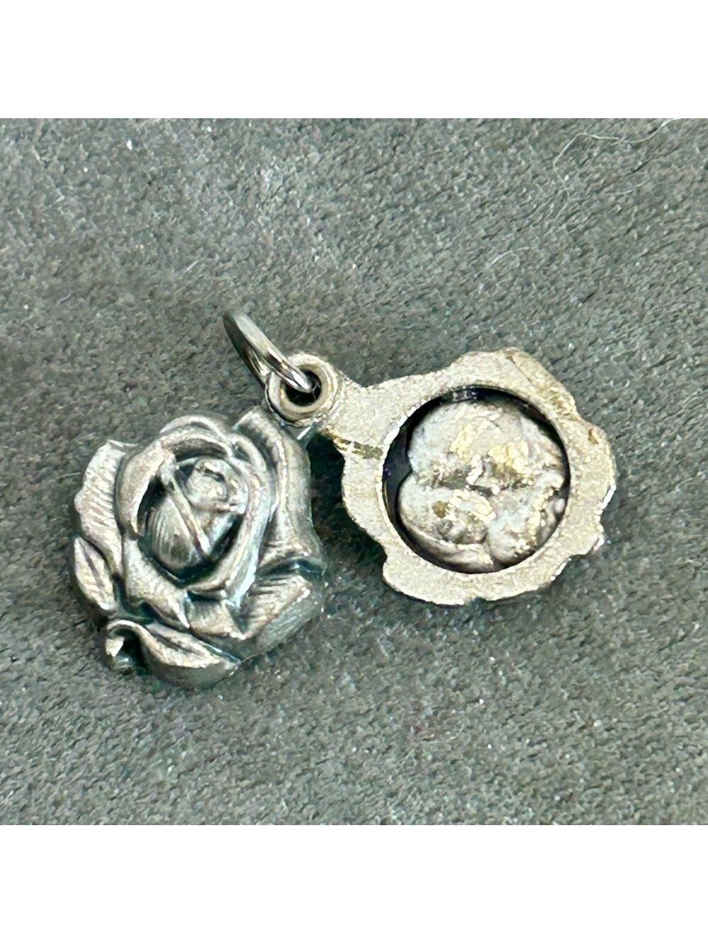 Ricordo religious medallion rose flower two fold locket style pendant